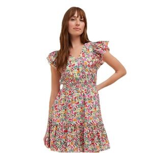 Draper James Gabby Mini Dress‎ S Short Sleeve Ruffle Smocked Red Pink Coneflower